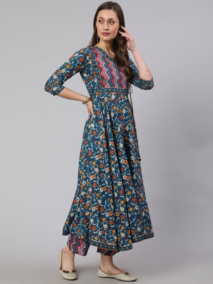 Cotton Printed Ankle Length Flared 3/4 Sleeve V Neck Kurta, Pants With Dupatta Set