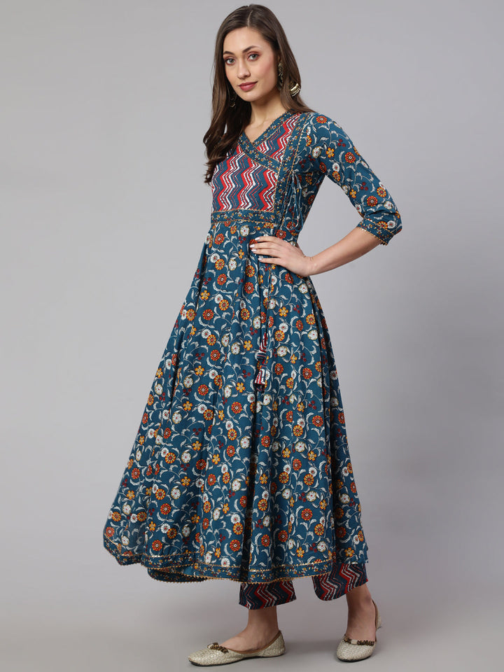 Cotton Printed Ankle Length Flared 3/4 Sleeve V Neck Kurta, Pants With Dupatta Set