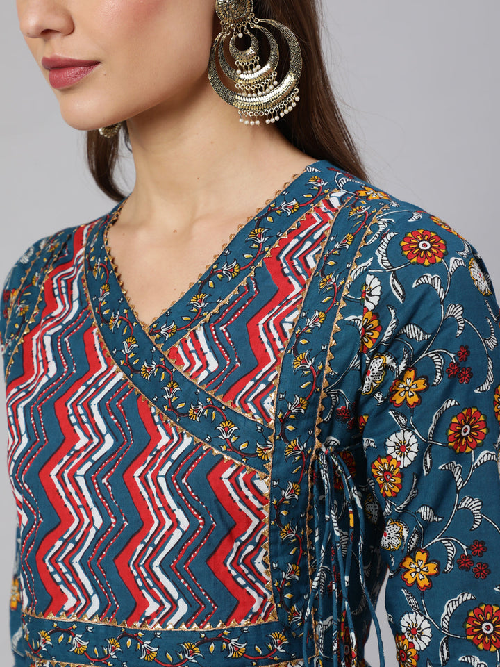 Cotton Printed Ankle Length Flared 3/4 Sleeve V Neck Kurta, Pants With Dupatta Set