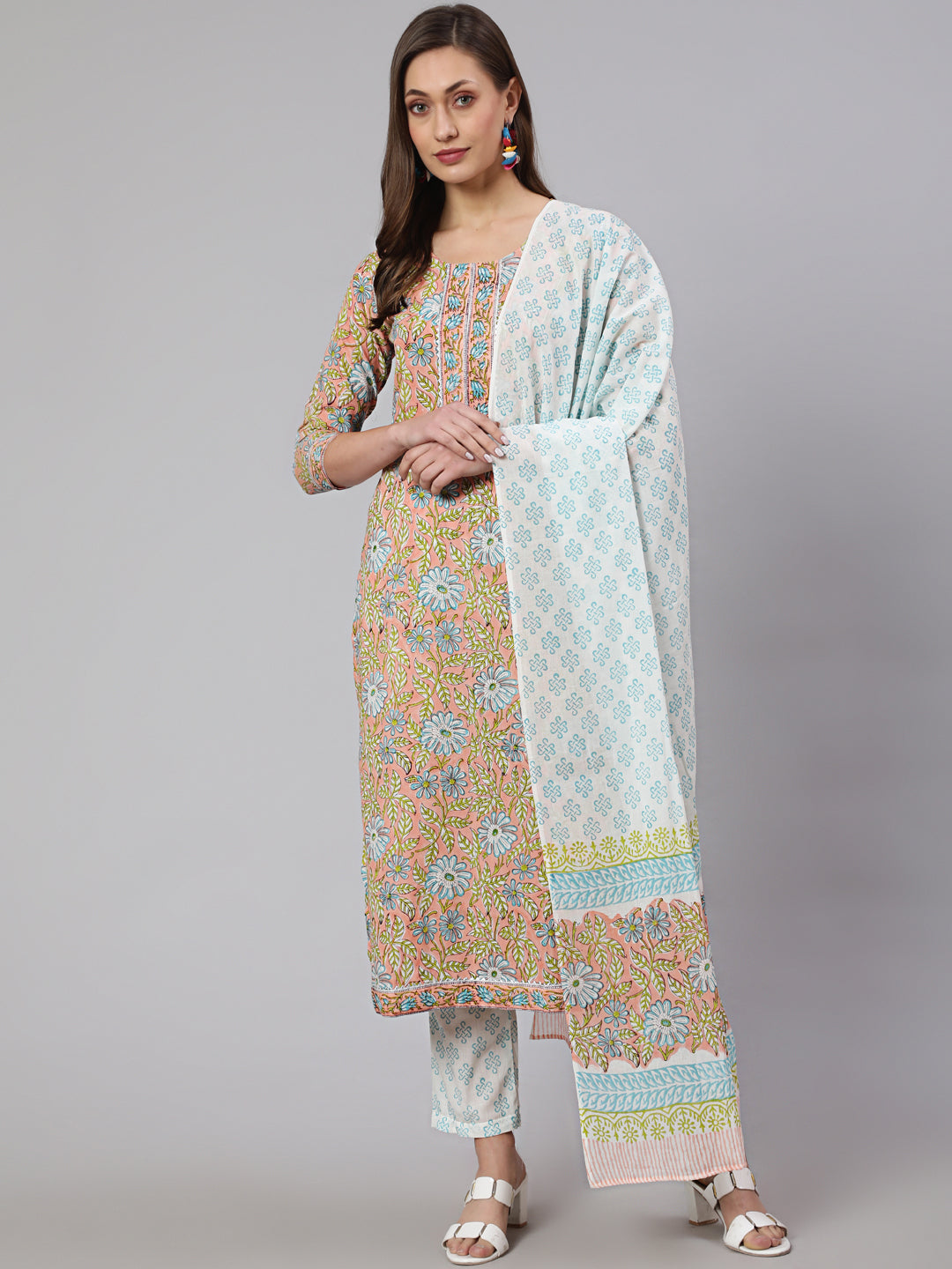 Cotton Printed Calf Length Straight Round Neck Kurta, Pants With Dupatta Set