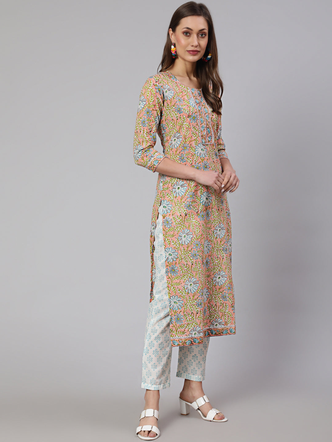 Cotton Printed Calf Length Straight Round Neck Kurta, Pants With Dupatta Set