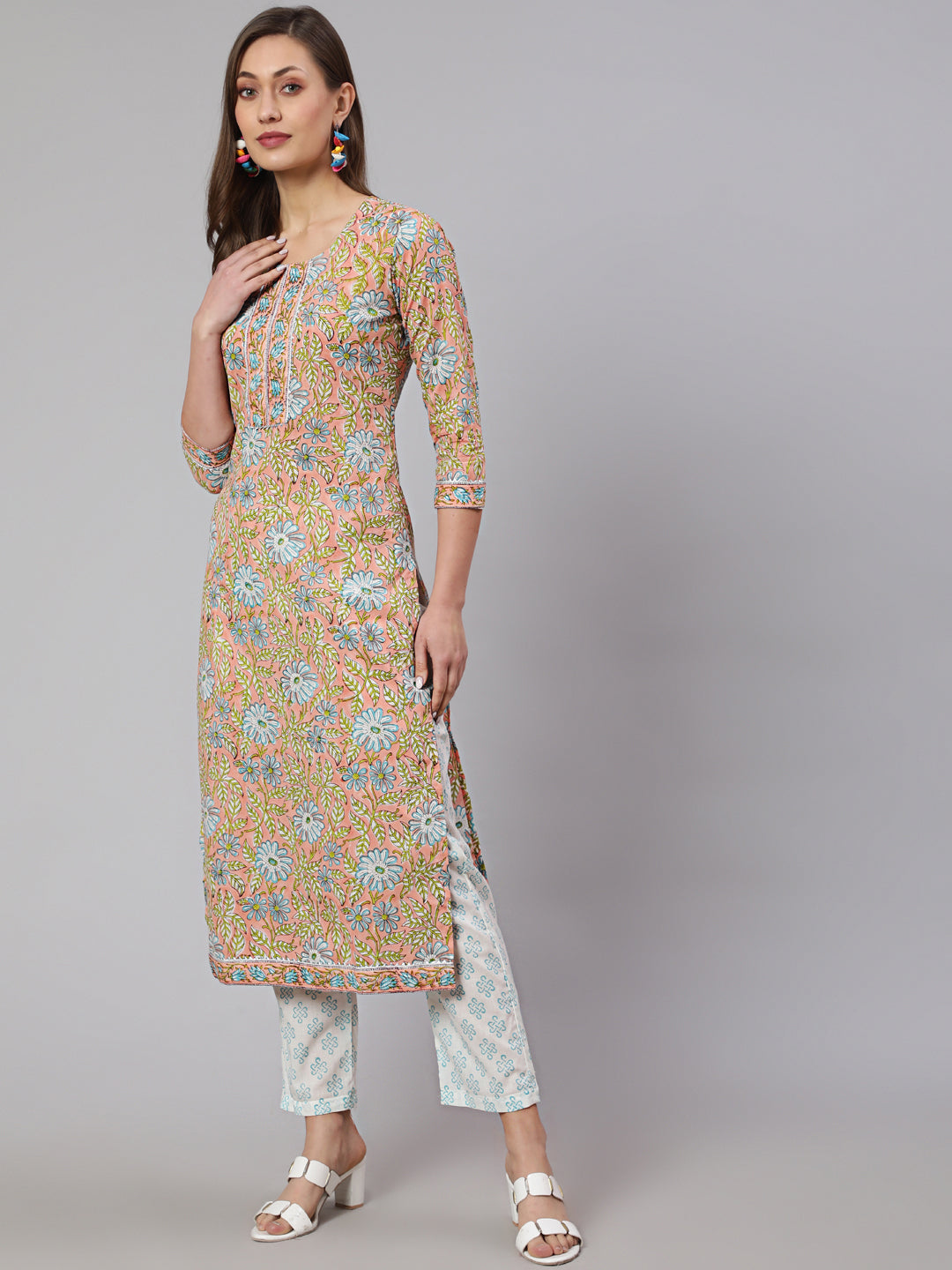 Cotton Printed Calf Length Straight Round Neck Kurta, Pants With Dupatta Set