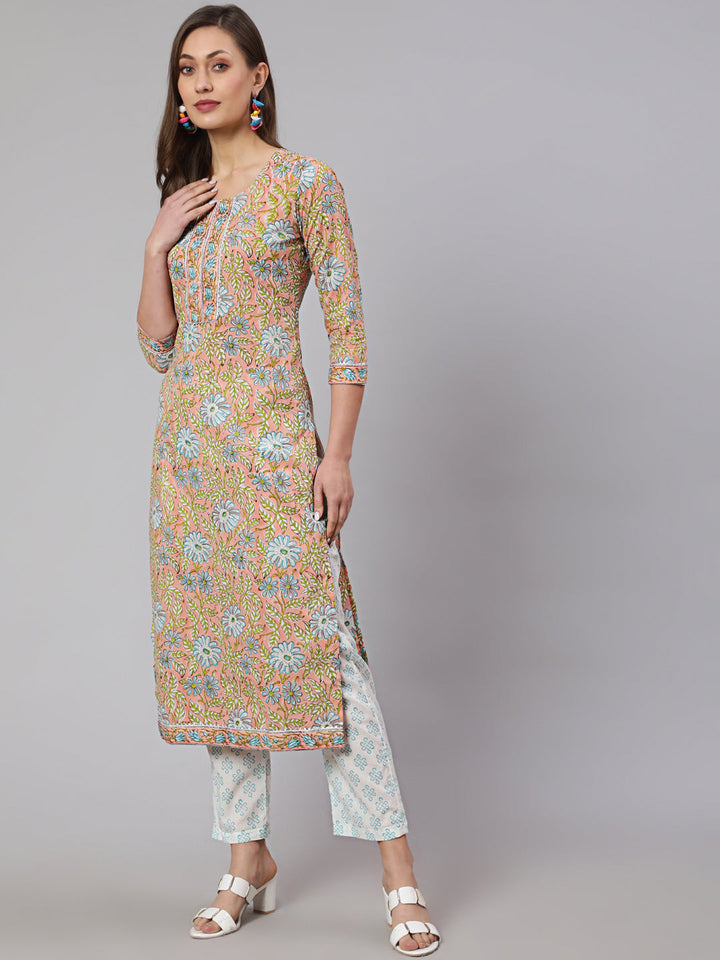 Cotton Printed Calf Length Straight Round Neck Kurta, Pants With Dupatta Set