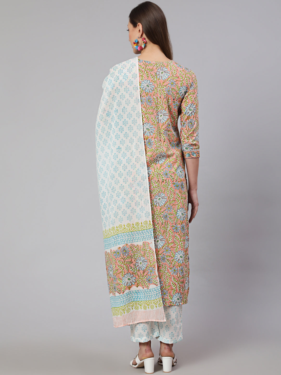 Cotton Printed Calf Length Straight Round Neck Kurta, Pants With Dupatta Set