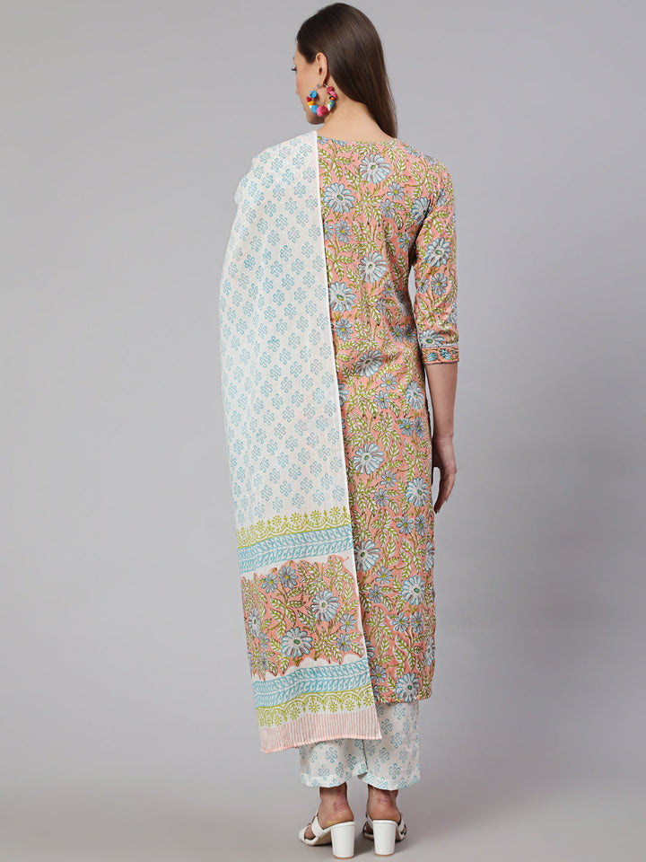 Cotton Printed Calf Length Straight Round Neck Kurta, Pants With Dupatta Set
