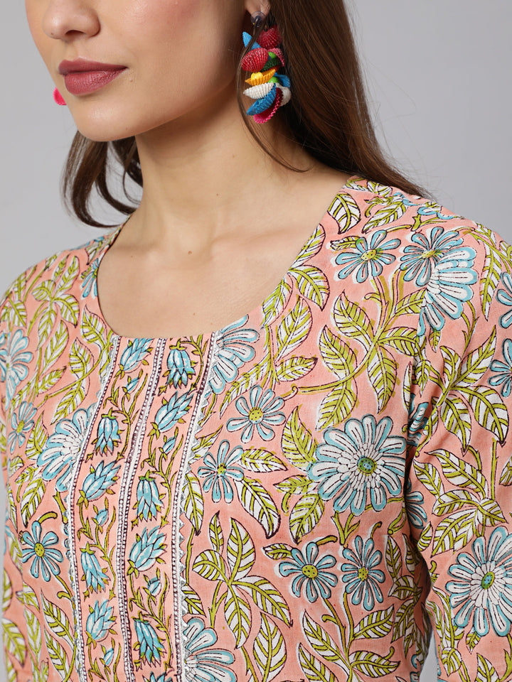 Cotton Printed Calf Length Straight Round Neck Kurta, Pants With Dupatta Set