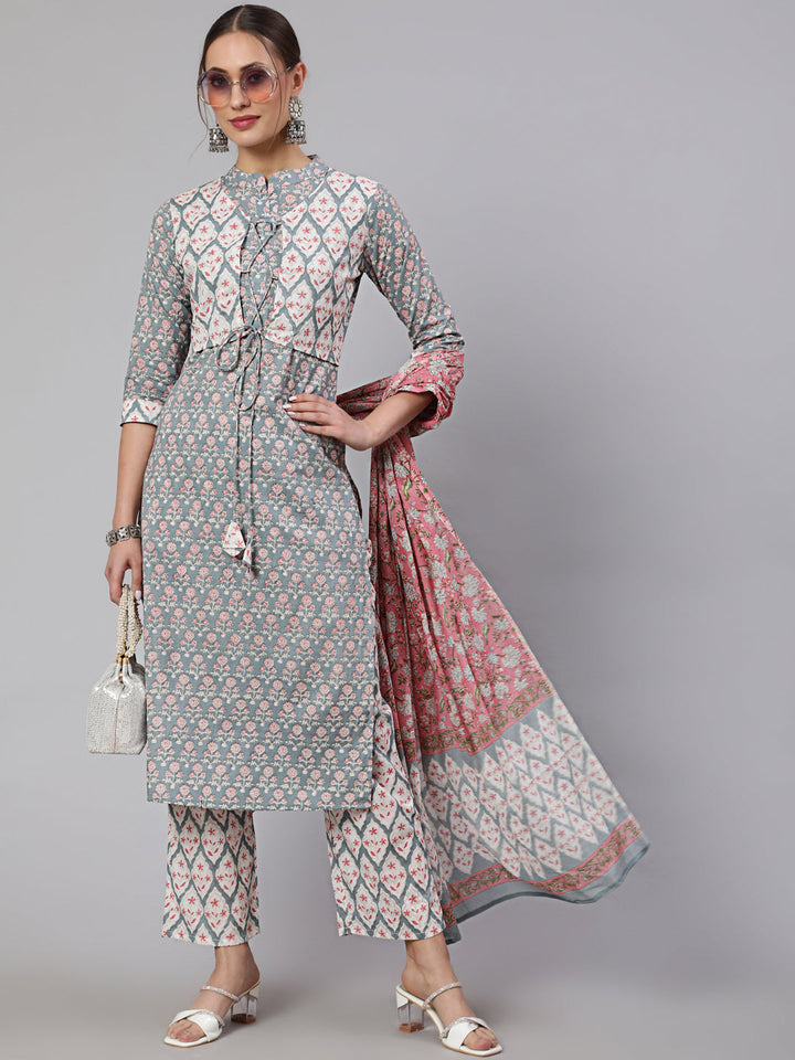 Cotton Printed Calf Length Straight Round Neck Kurta, Pants With Dupatta Set