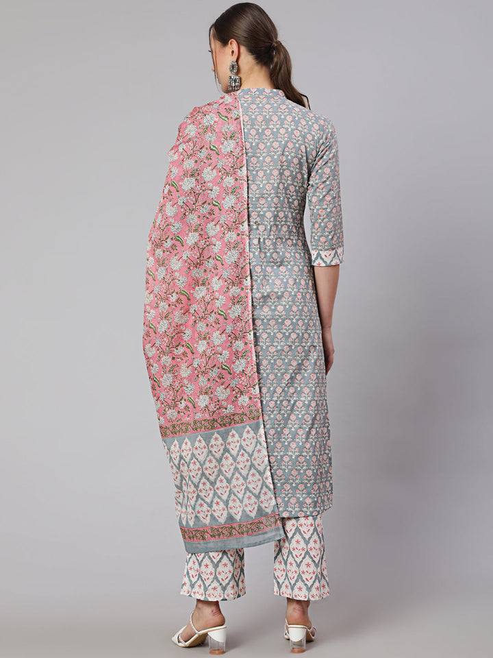 Cotton Printed Calf Length Straight Round Neck Kurta, Pants With Dupatta Set