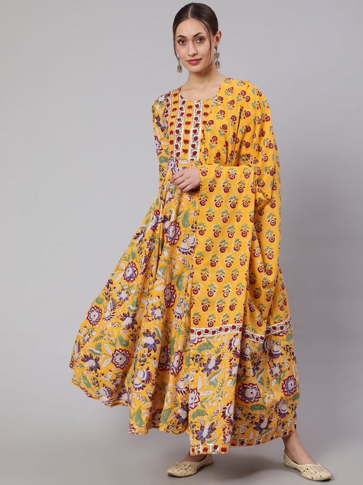 Cotton Printed Ankle Length Flared 3/4 Sleeve Round Neck Kurta, Pants With Dupatta Set