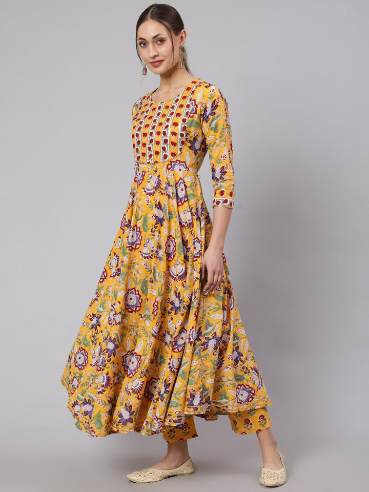 Cotton Printed Ankle Length Flared 3/4 Sleeve Round Neck Kurta, Pants With Dupatta Set