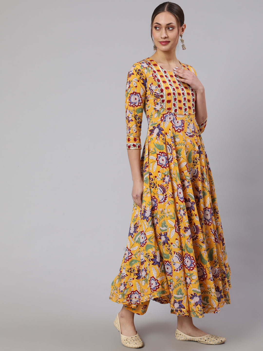 Cotton Printed Ankle Length Flared 3/4 Sleeve Round Neck Kurta, Pants With Dupatta Set