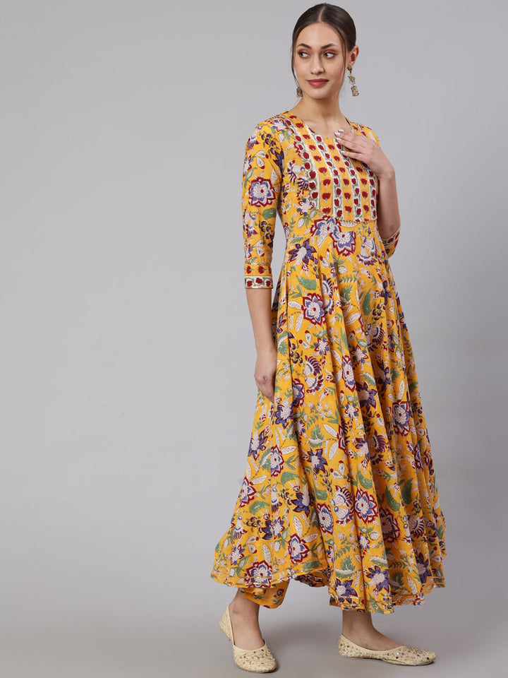 Cotton Printed Ankle Length Flared 3/4 Sleeve Round Neck Kurta, Pants With Dupatta Set