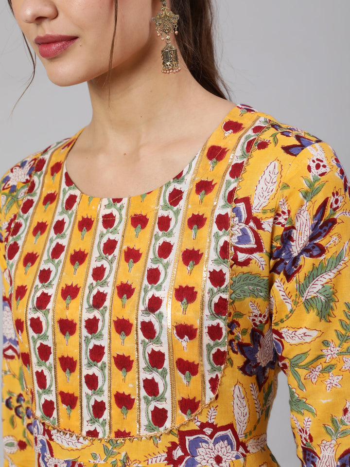 Cotton Printed Ankle Length Flared 3/4 Sleeve Round Neck Kurta, Pants With Dupatta Set