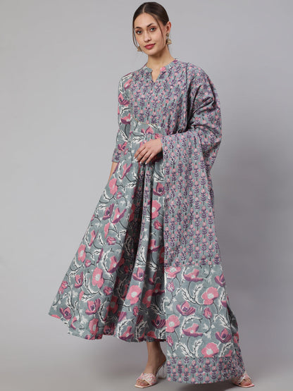 Cotton Printed Ankle Length Flared 3/4 Sleeve Mandarin Neck Kurta, Pants With Dupatta Set