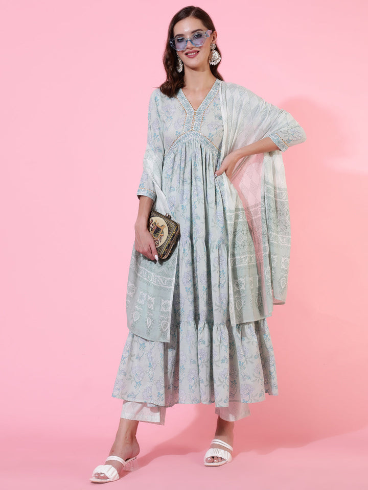 Cotton Printed Ankle Length Flared 3/4 Sleeve V Neck Kurta, Pants With Dupatta Set