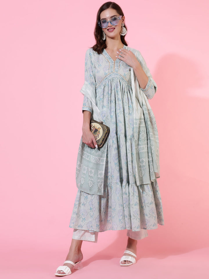 Cotton Printed Ankle Length Flared 3/4 Sleeve V Neck Kurta, Pants With Dupatta Set