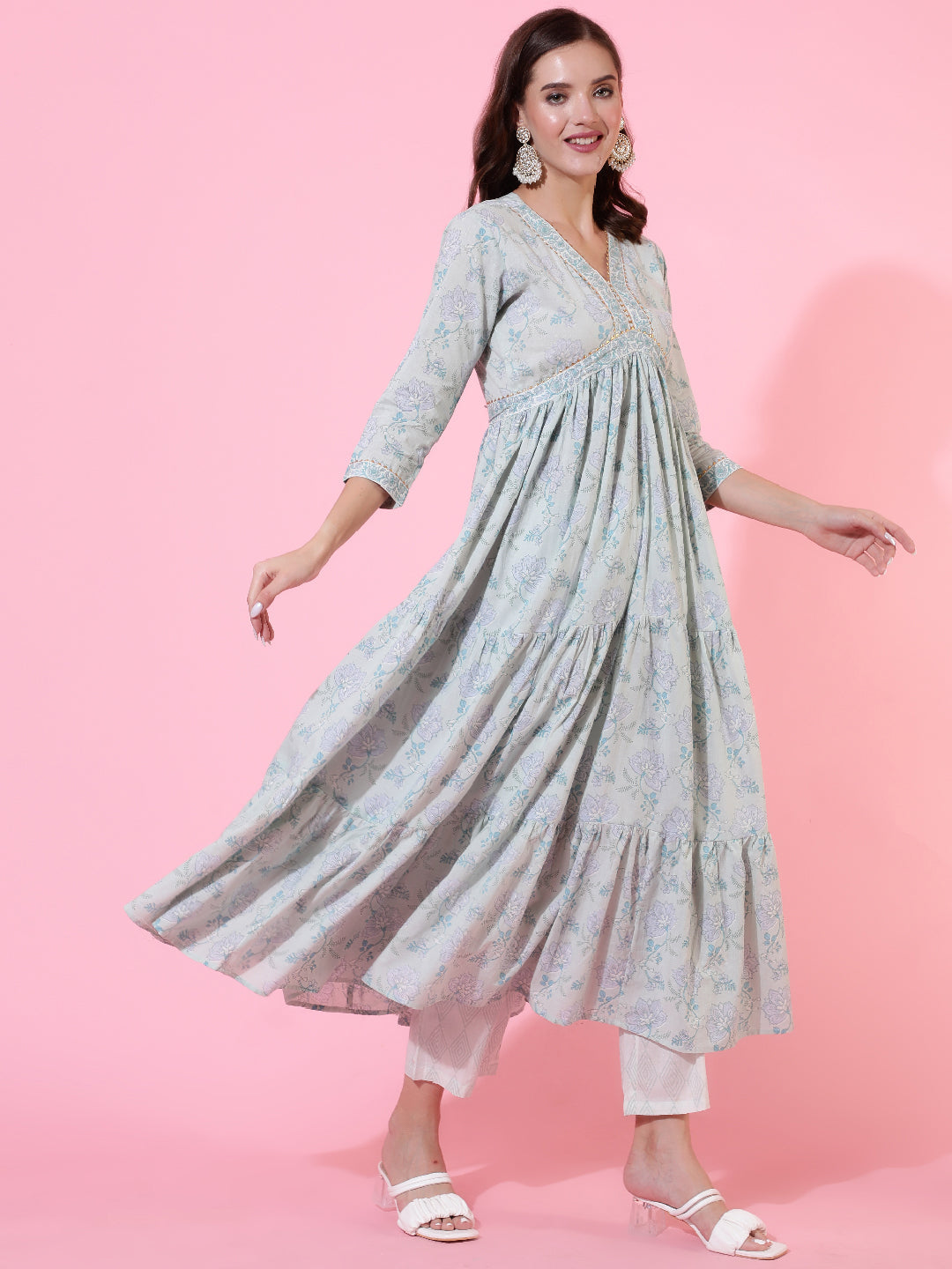Cotton Printed Ankle Length Flared 3/4 Sleeve V Neck Kurta, Pants With Dupatta Set