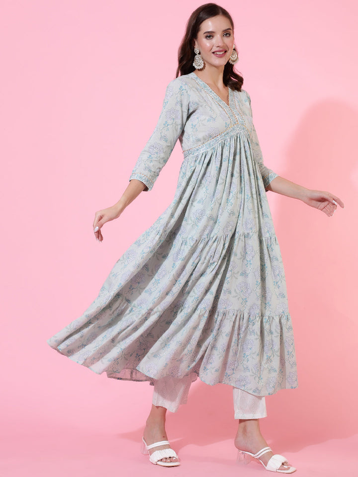 Cotton Printed Ankle Length Flared 3/4 Sleeve V Neck Kurta, Pants With Dupatta Set