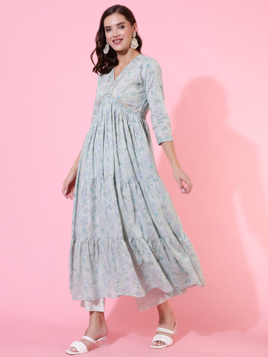 Cotton Printed Ankle Length Flared 3/4 Sleeve V Neck Kurta, Pants With Dupatta Set