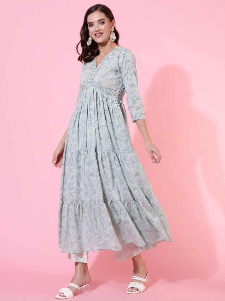 Cotton Printed Ankle Length Flared 3/4 Sleeve V Neck Kurta, Pants With Dupatta Set