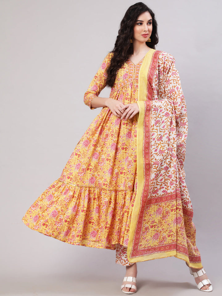 Cotton Printed Ankle Length Flared 3/4 Sleeve V Neck Kurta, Pants With Dupatta Set