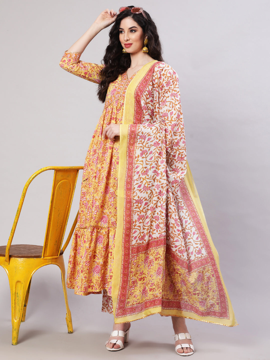 Cotton Printed Ankle Length Flared 3/4 Sleeve V Neck Kurta, Pants With Dupatta Set