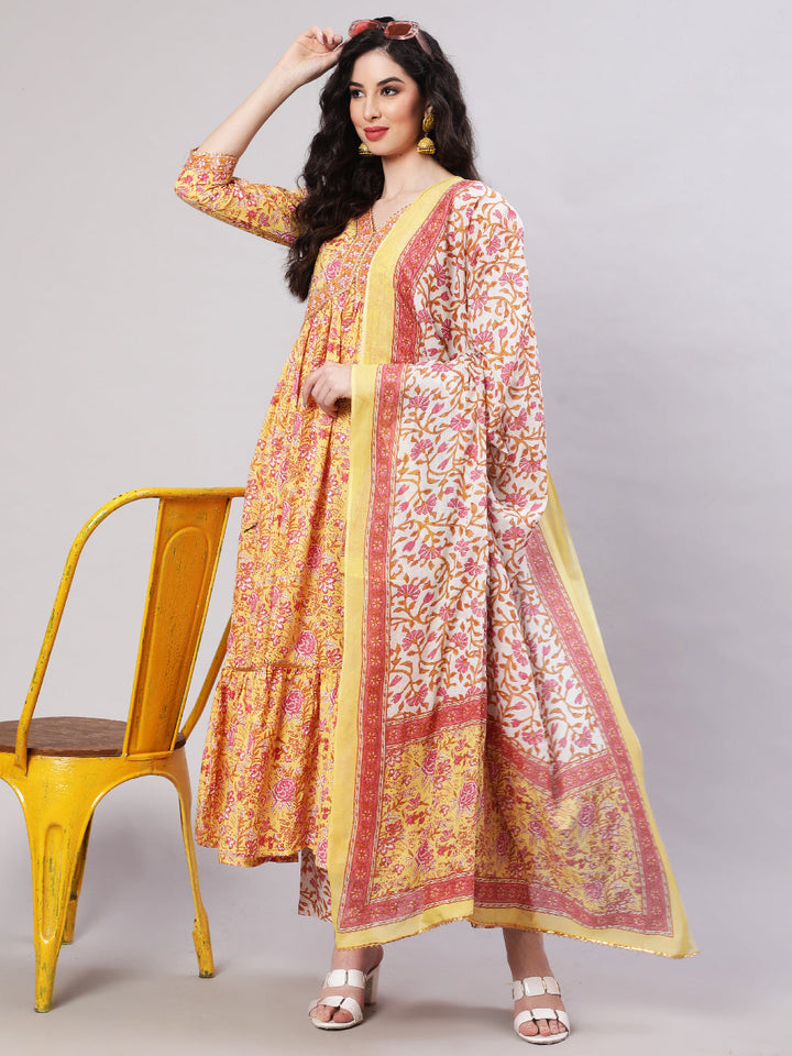 Cotton Printed Ankle Length Flared 3/4 Sleeve V Neck Kurta, Pants With Dupatta Set