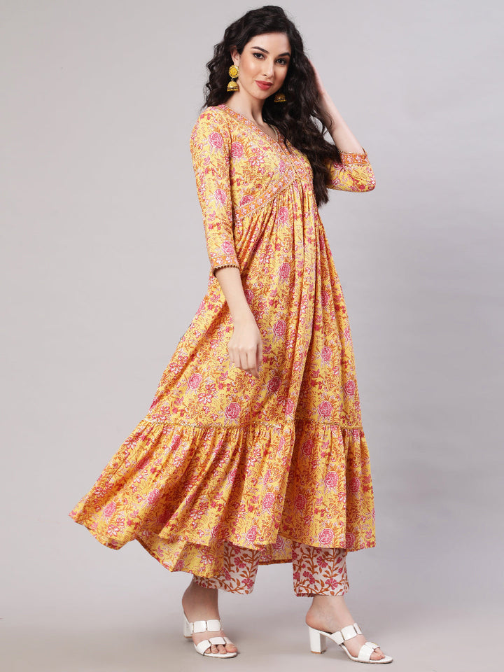Cotton Printed Ankle Length Flared 3/4 Sleeve V Neck Kurta, Pants With Dupatta Set