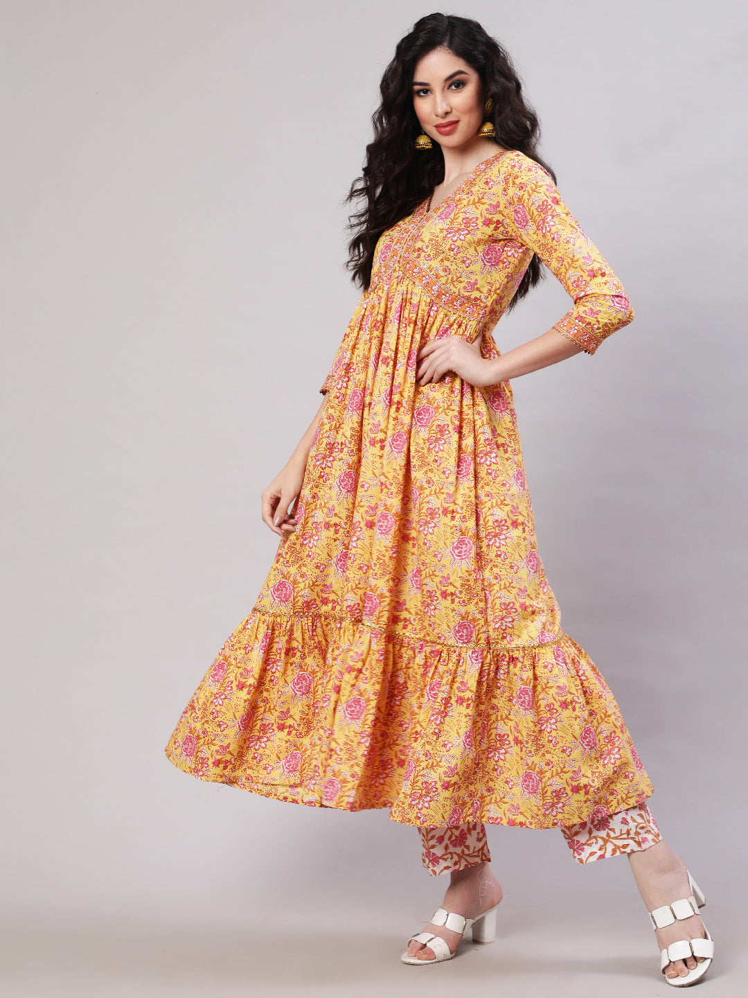 Cotton Printed Ankle Length Flared 3/4 Sleeve V Neck Kurta, Pants With Dupatta Set