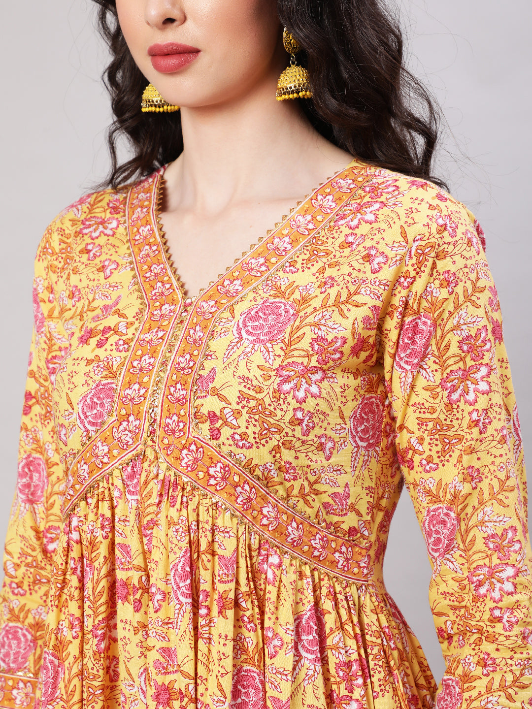 Cotton Printed Ankle Length Flared 3/4 Sleeve V Neck Kurta, Pants With Dupatta Set