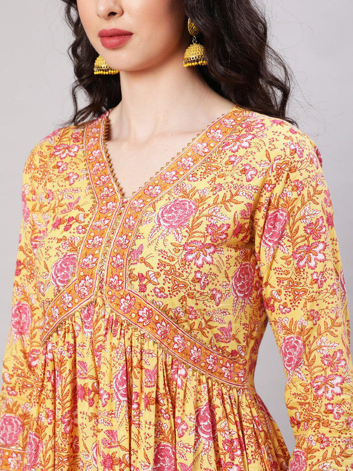 Cotton Printed Ankle Length Flared 3/4 Sleeve V Neck Kurta, Pants With Dupatta Set