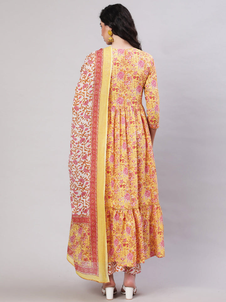 Cotton Printed Ankle Length Flared 3/4 Sleeve V Neck Kurta, Pants With Dupatta Set
