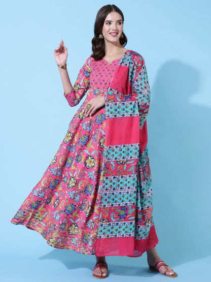 Rayon Printed Ankle Length Flared 3/4 Sleeve Round Neck Kurta, Pants With Dupatta Set