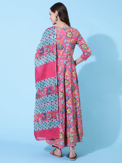 Rayon Printed Ankle Length Flared 3/4 Sleeve Round Neck Kurta, Pants With Dupatta Set