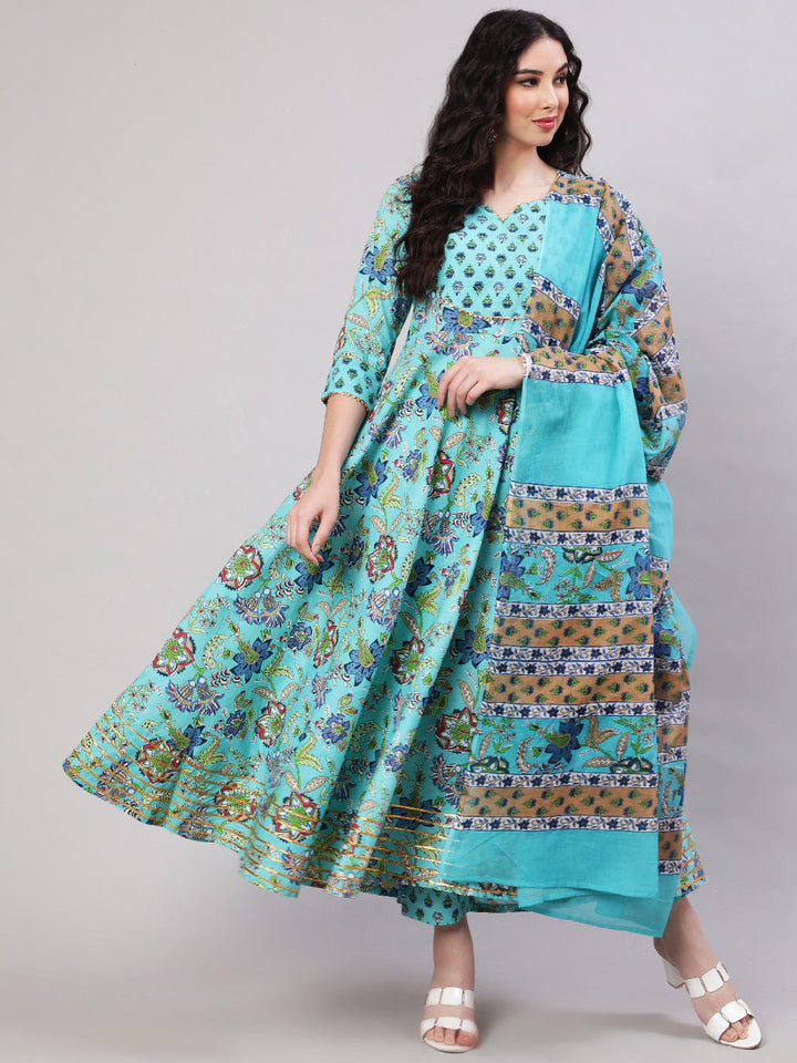 Rayon Printed Ankle Length Flared 3/4 Sleeve Round Neck Kurta, Pants With Dupatta Set