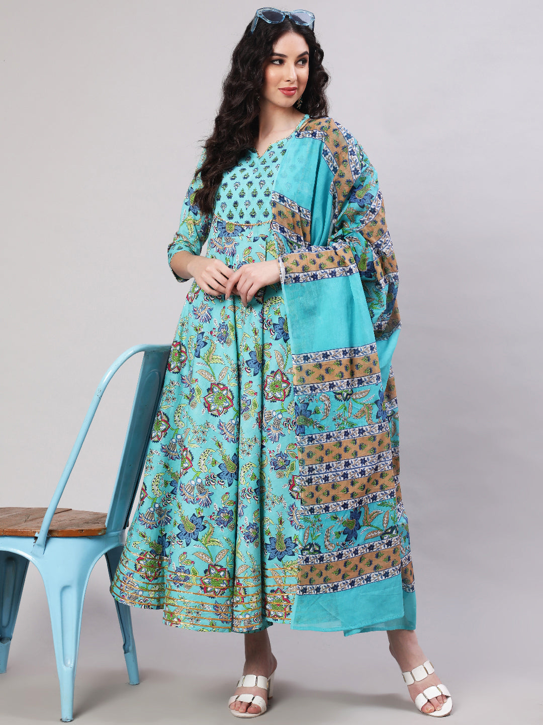 Rayon Printed Ankle Length Flared 3/4 Sleeve Round Neck Kurta, Pants With Dupatta Set