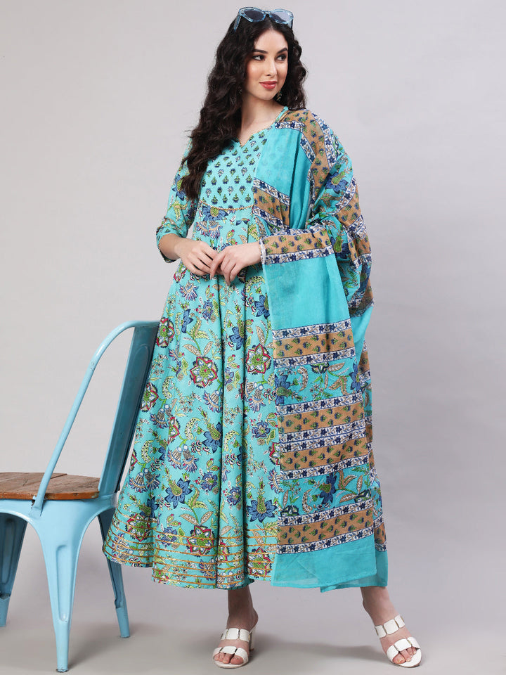 Rayon Printed Ankle Length Flared 3/4 Sleeve Round Neck Kurta, Pants With Dupatta Set