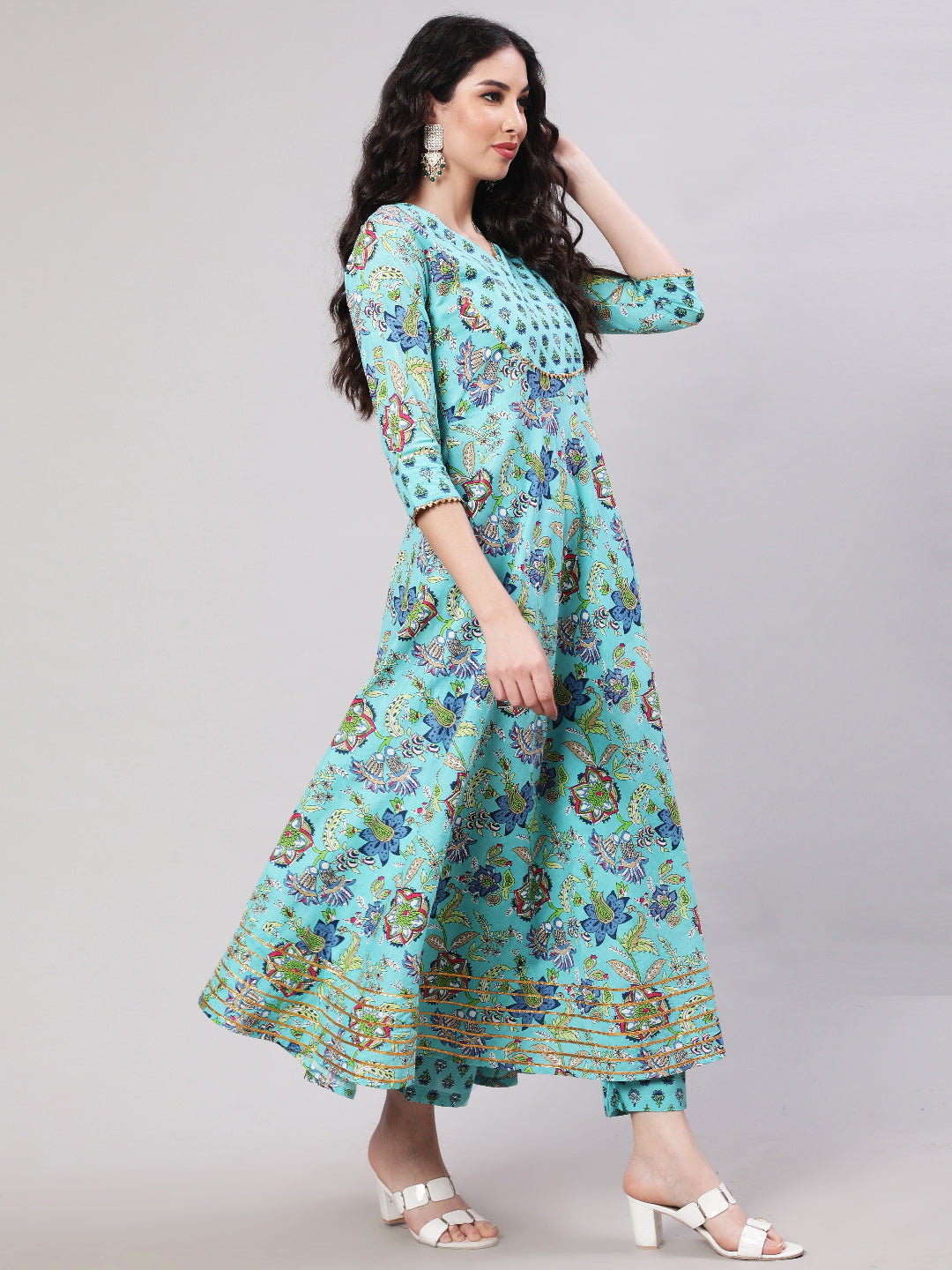 Rayon Printed Ankle Length Flared 3/4 Sleeve Round Neck Kurta, Pants With Dupatta Set