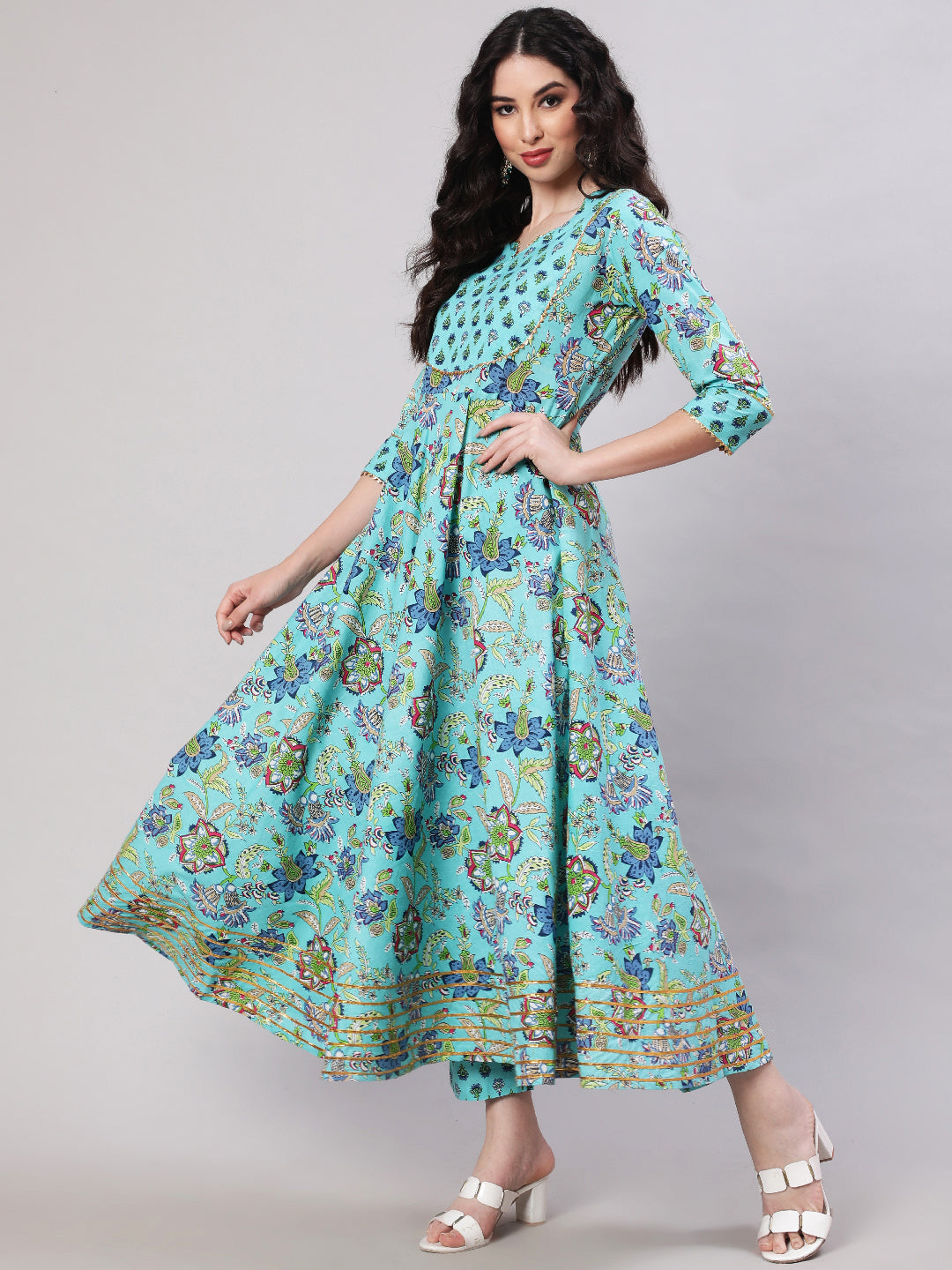 Rayon Printed Ankle Length Flared 3/4 Sleeve Round Neck Kurta, Pants With Dupatta Set