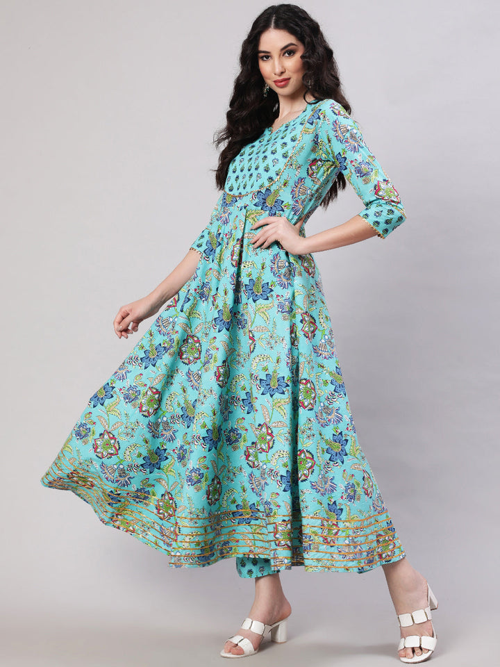 Rayon Printed Ankle Length Flared 3/4 Sleeve Round Neck Kurta, Pants With Dupatta Set