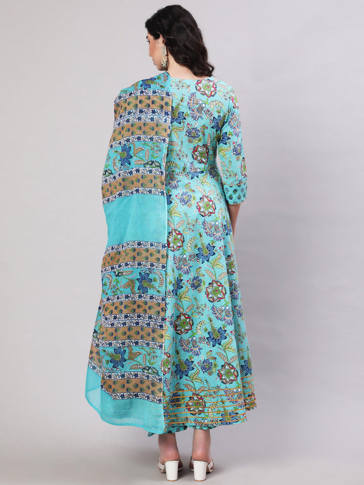 Rayon Printed Ankle Length Flared 3/4 Sleeve Round Neck Kurta, Pants With Dupatta Set