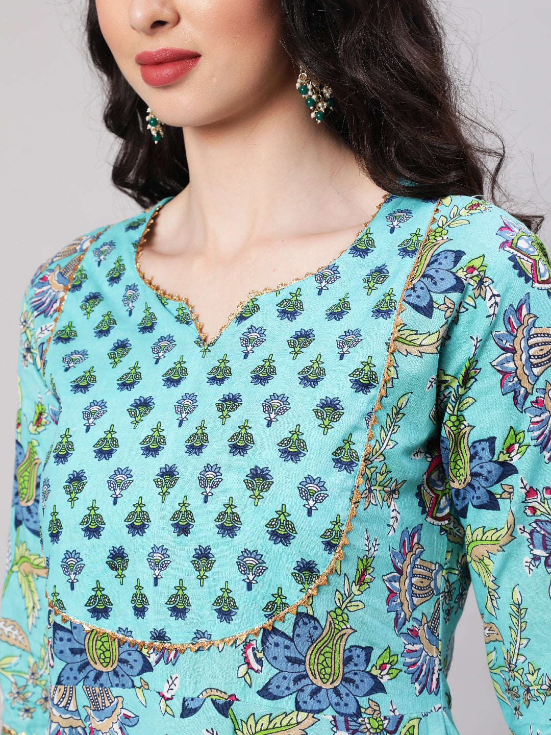 Rayon Printed Ankle Length Flared 3/4 Sleeve Round Neck Kurta, Pants With Dupatta Set