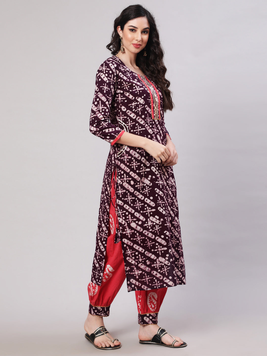 Rayon Printed Calf Length Straight 3/4 Sleeve Round Neck Kurta, Pants With Dupatta Set