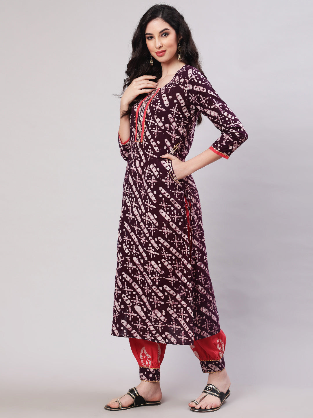 Rayon Printed Calf Length Straight 3/4 Sleeve Round Neck Kurta, Pants With Dupatta Set