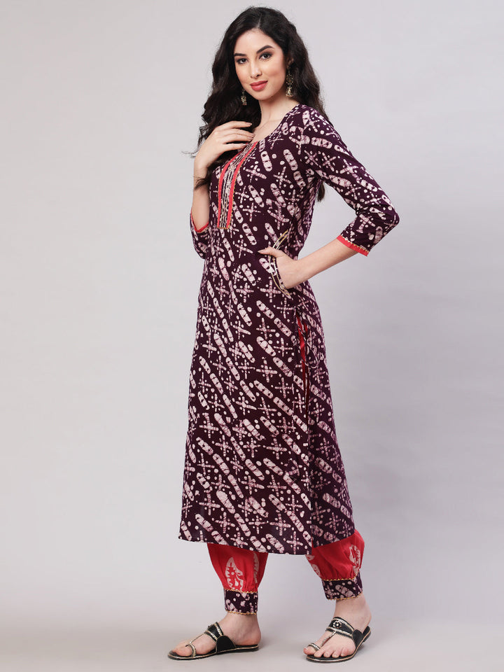 Rayon Printed Calf Length Straight 3/4 Sleeve Round Neck Kurta, Pants With Dupatta Set