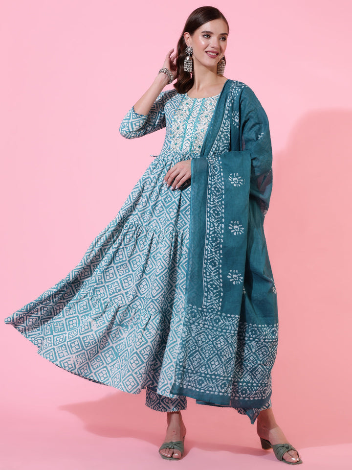 Rayon Printed Embroidered Ankle Length Flared 3/4 Sleeve Round Neck Kurta, Pants With Dupatta Set