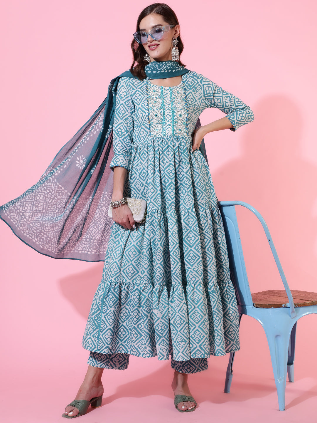 Rayon Printed Embroidered Ankle Length Flared 3/4 Sleeve Round Neck Kurta, Pants With Dupatta Set