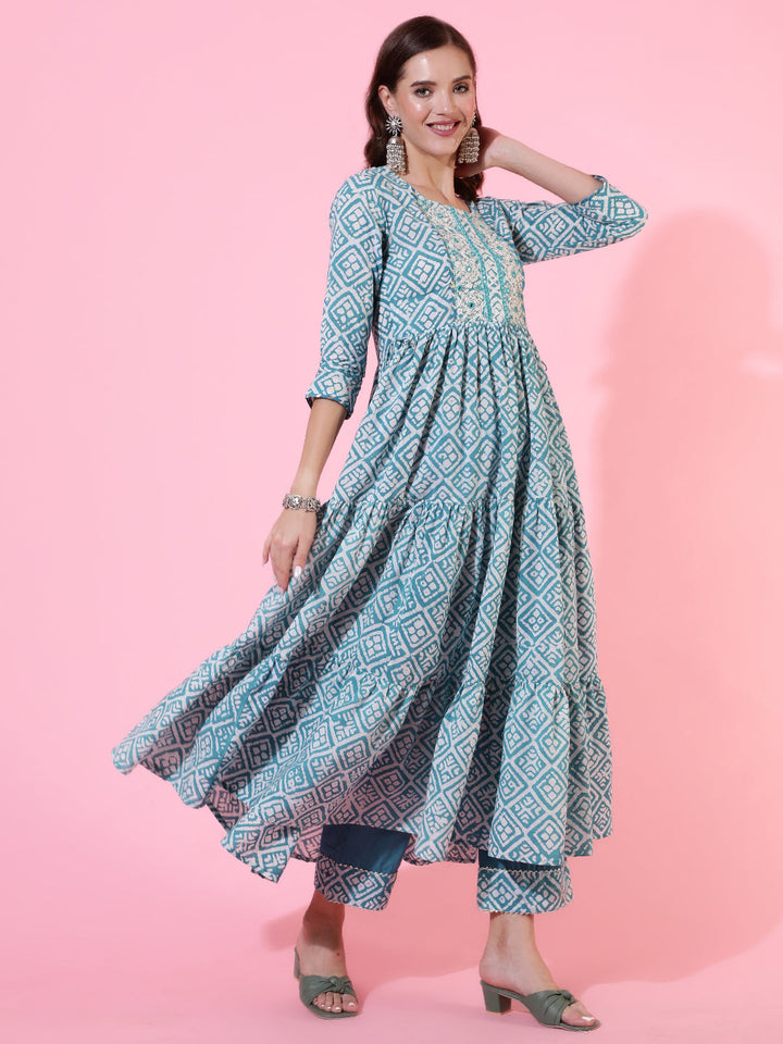 Rayon Printed Embroidered Ankle Length Flared 3/4 Sleeve Round Neck Kurta, Pants With Dupatta Set