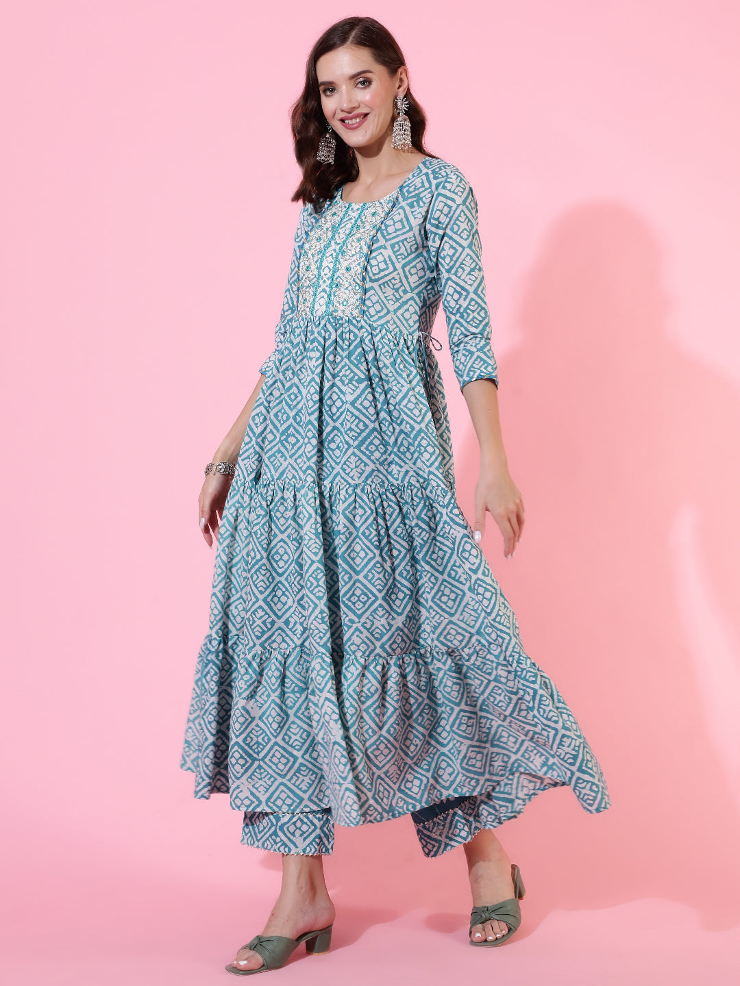 Rayon Printed Embroidered Ankle Length Flared 3/4 Sleeve Round Neck Kurta, Pants With Dupatta Set