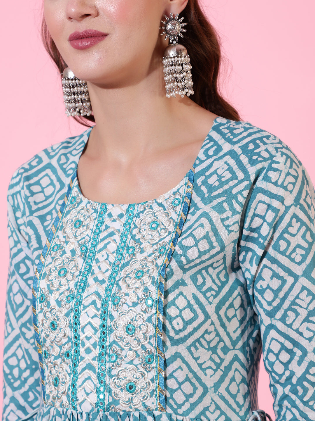 Rayon Printed Embroidered Ankle Length Flared 3/4 Sleeve Round Neck Kurta, Pants With Dupatta Set